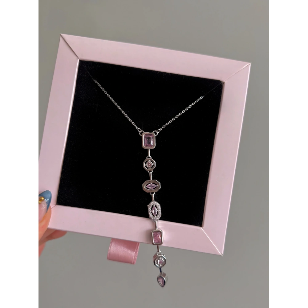 Çelik Pembe Renkli Baget Taşlı Kolye