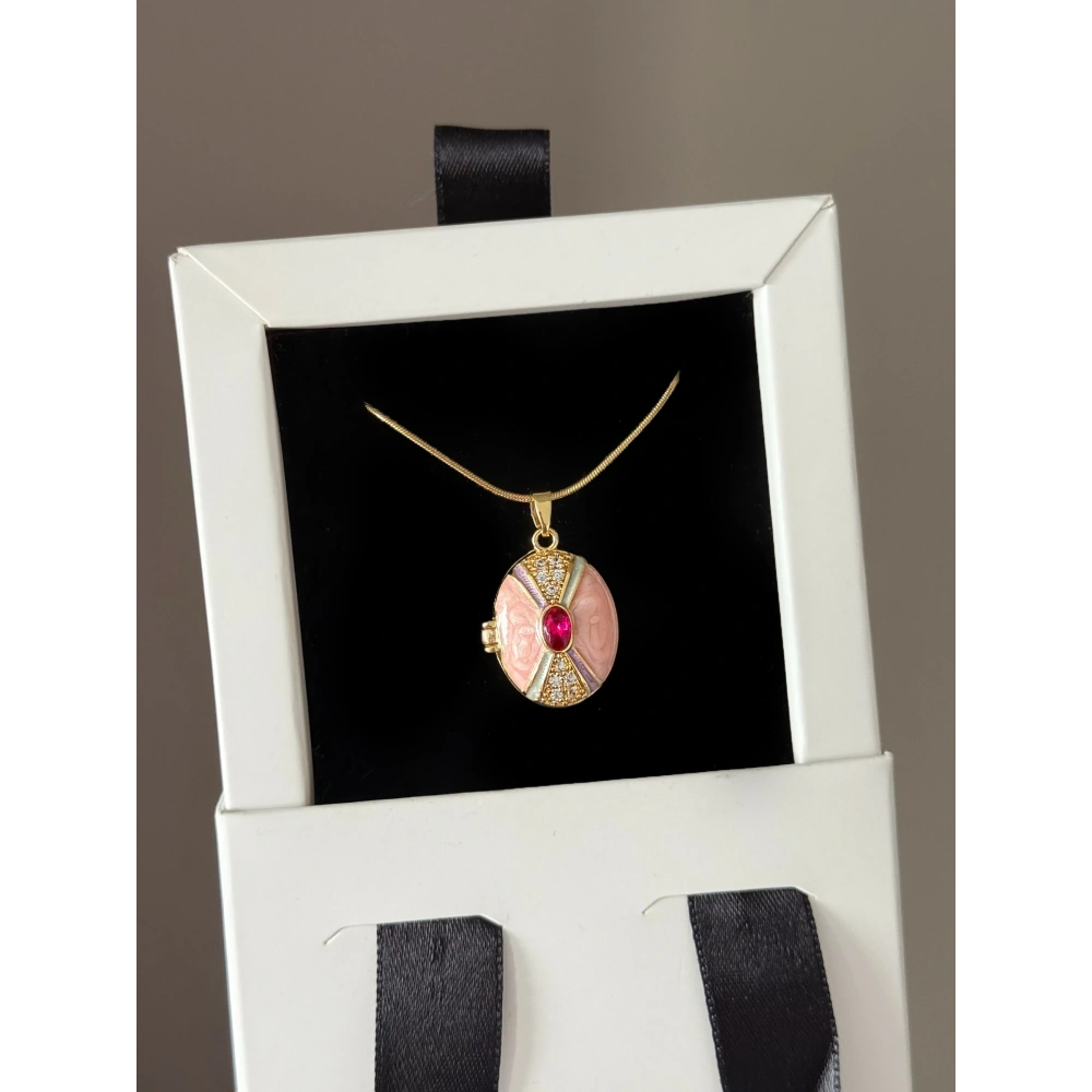 Çelik Pembe Taşlı Kapaklı Kolye