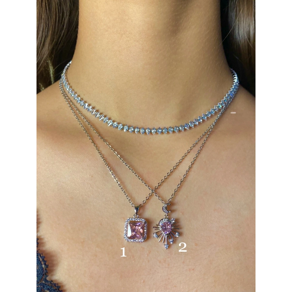 Çelik Pembe Taşlı Kolyeler