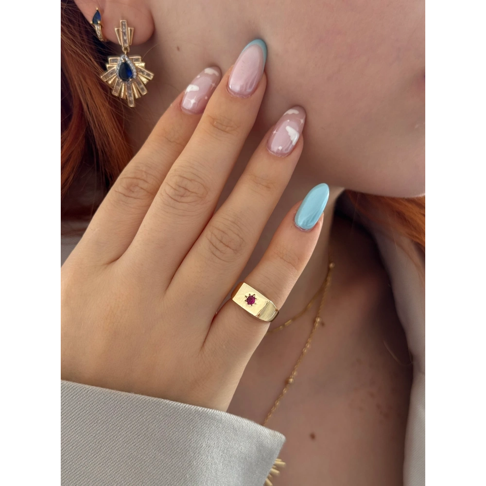 Çelik Pembe Taşlı Serçe Parmak Yüzük