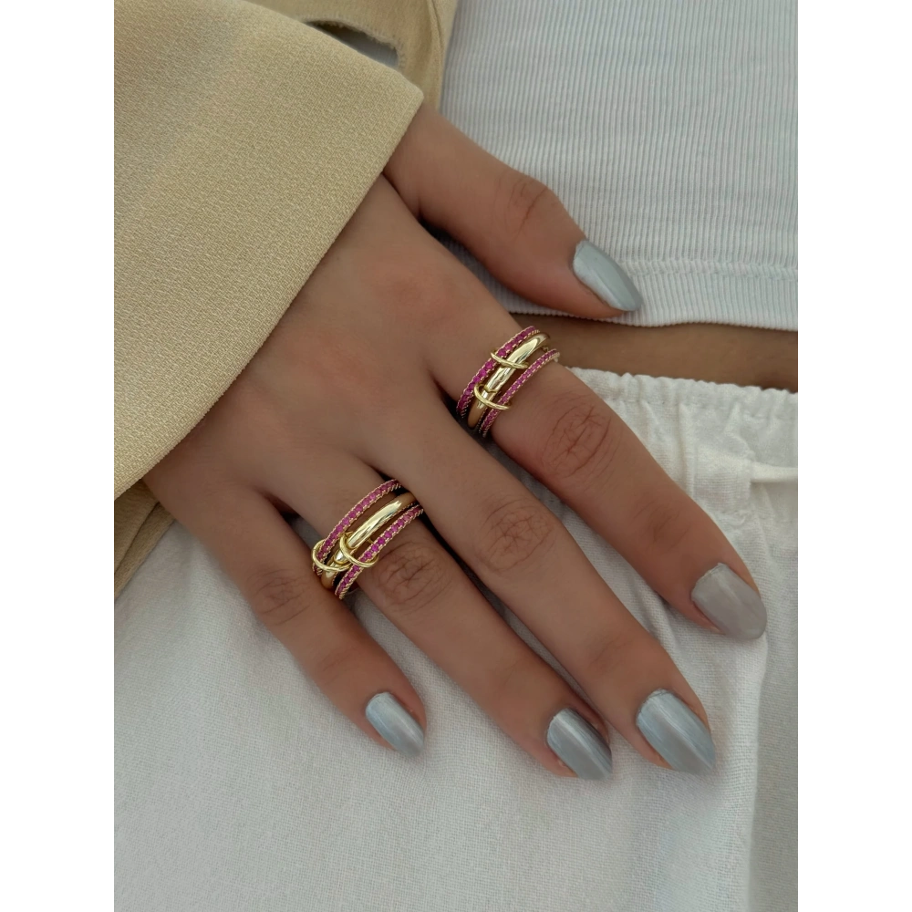 Çelik Pembe Taşlı Spiral Yüzük