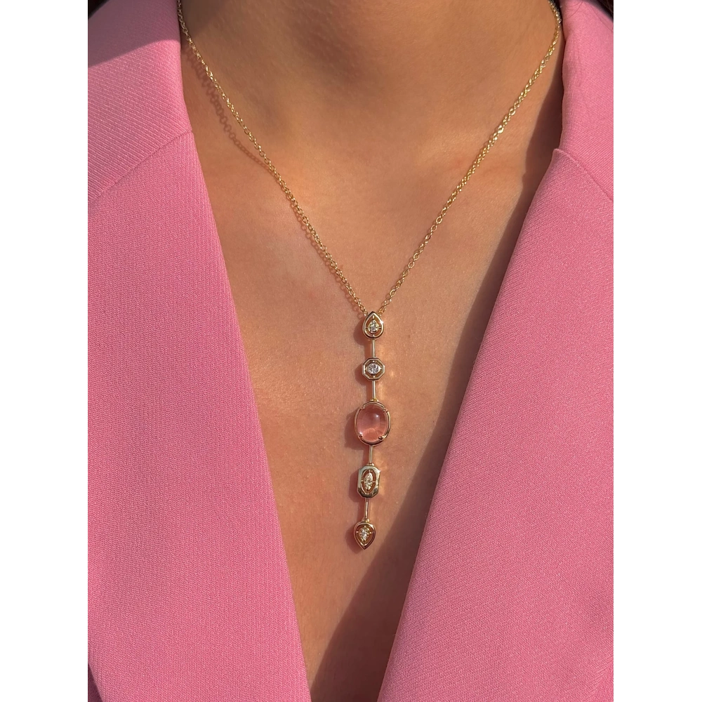 Çelik Pembe Taşlı Y Kolye