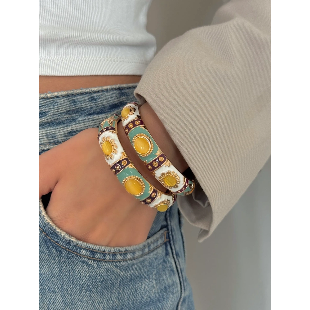 Çelik Sarı Taşlı Mineli Kelepçe Bileklik