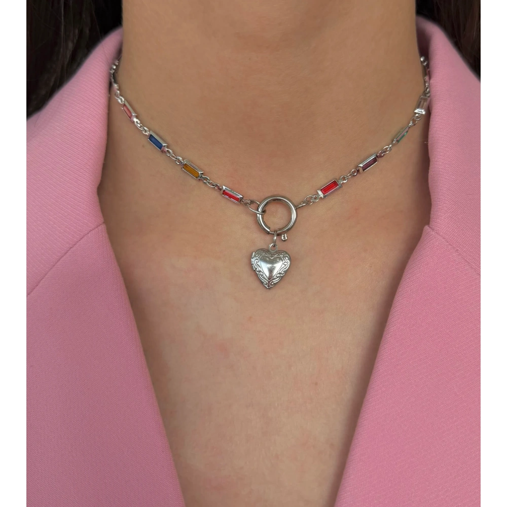 Çelik Silver Açılır Kalp Detay Kolye