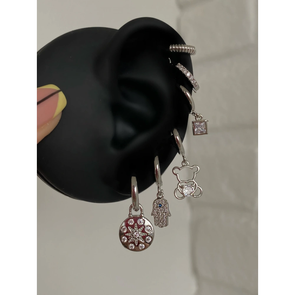 Çelik Silver Ayıcık Detay 6 Lı Küpe Seti