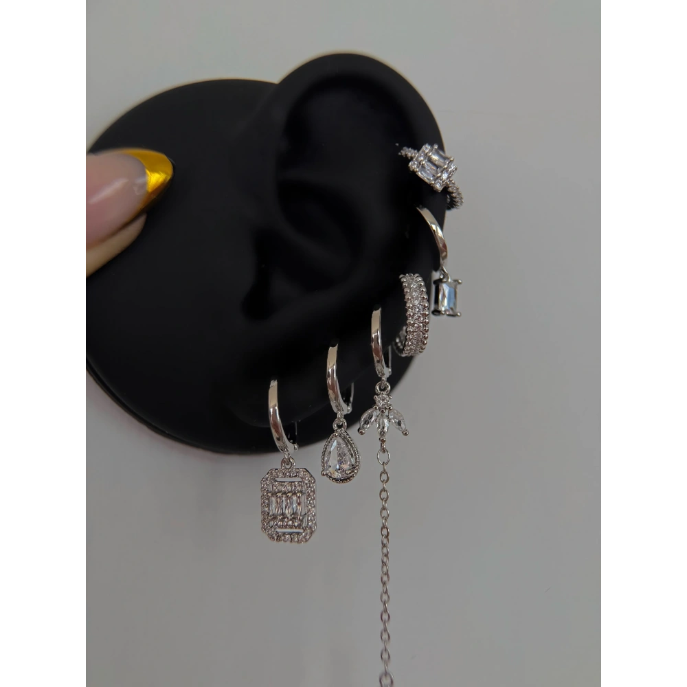 Çelik Silver Baget Taşlı  6 Lı Küpe Seti