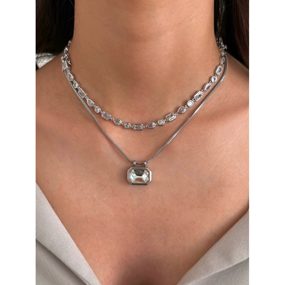 Çelik Silver Baget Taşlı Tasarım Kolye