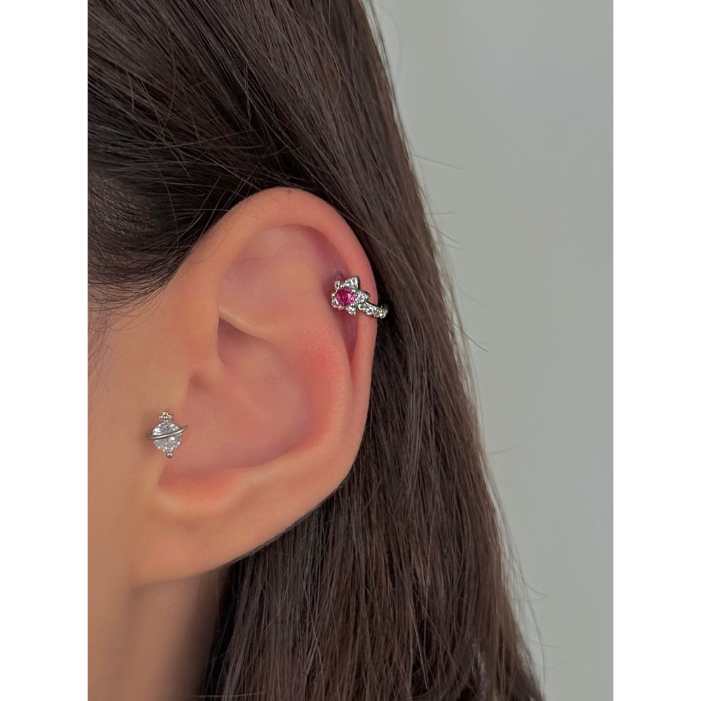 Çelik Silver Çiçek Detaylı Halka Piercing