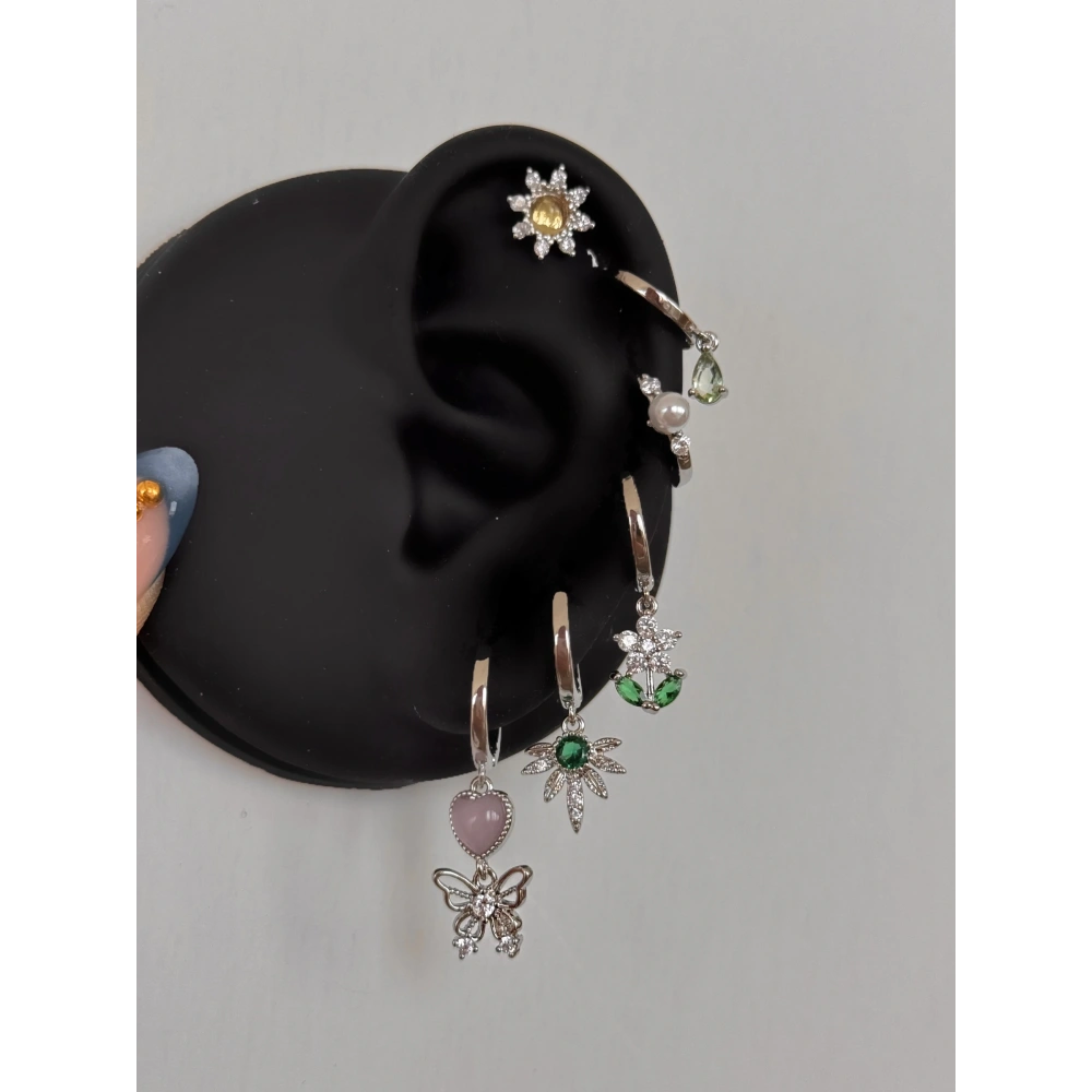 Çelik Silver Çiçekli 6 Lı Küpe Seti