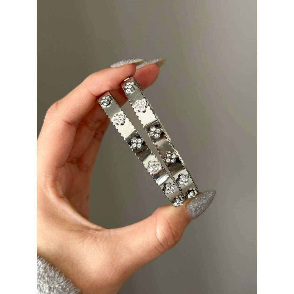 Çelik Silver Çiçekli Kelepçe Bileklik