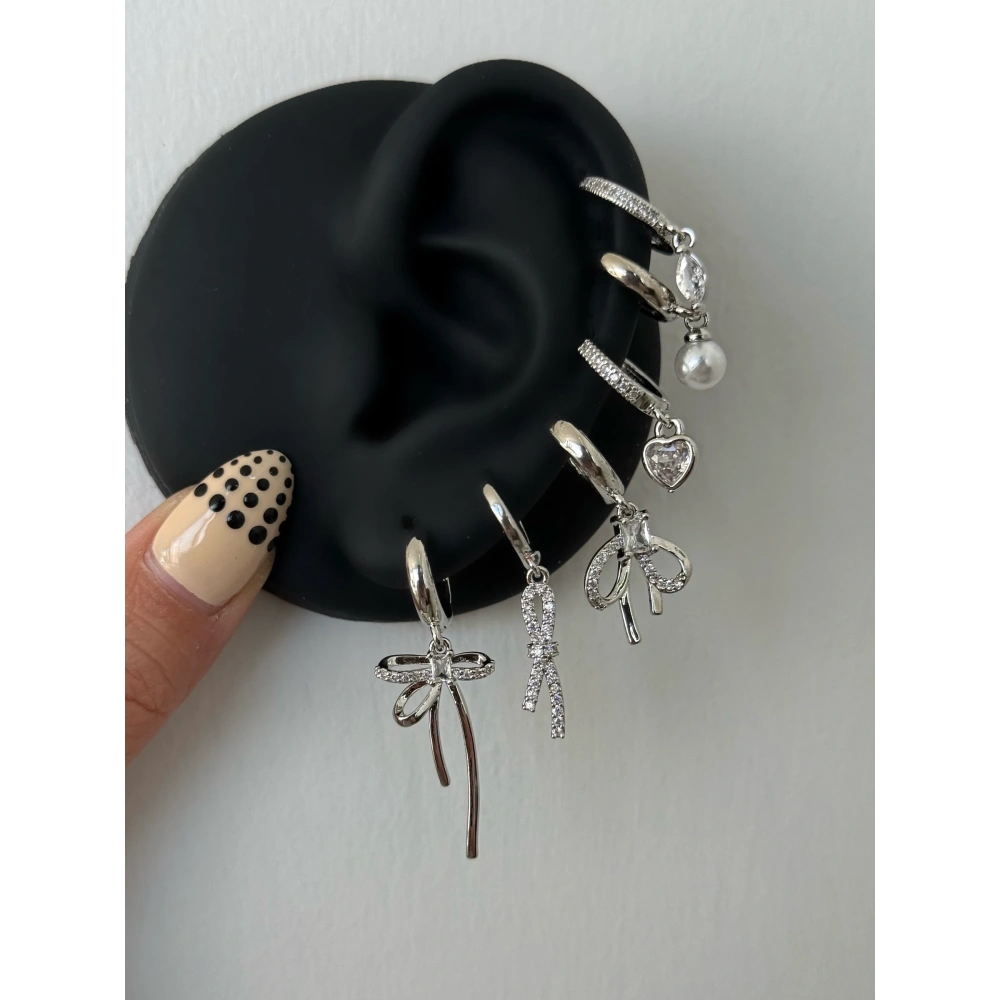 Çelik Silver Fiyonk Detay 6 Lı Küpe Seti