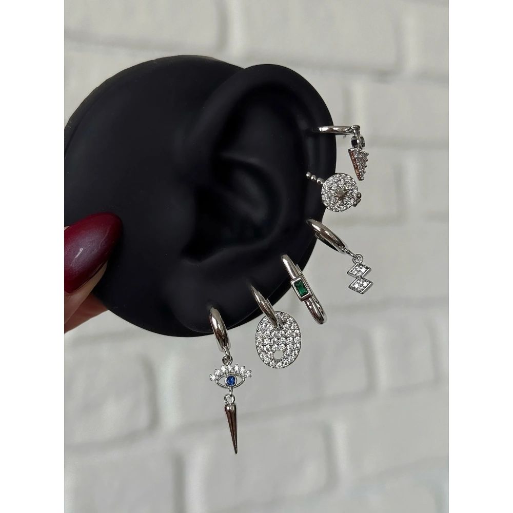 Çelik Silver Göz Detaylı 6 Lı Küpe Seti