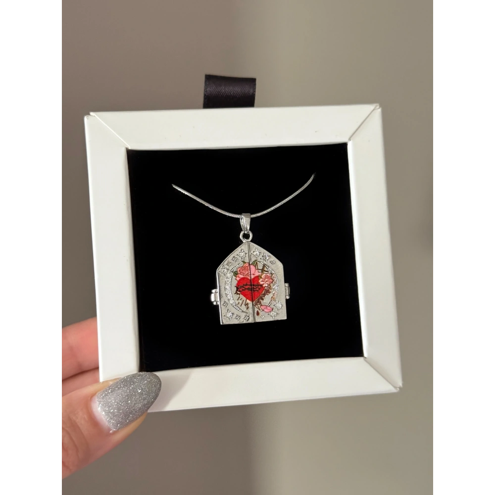 Çelik Silver Heart n Roses Kolye