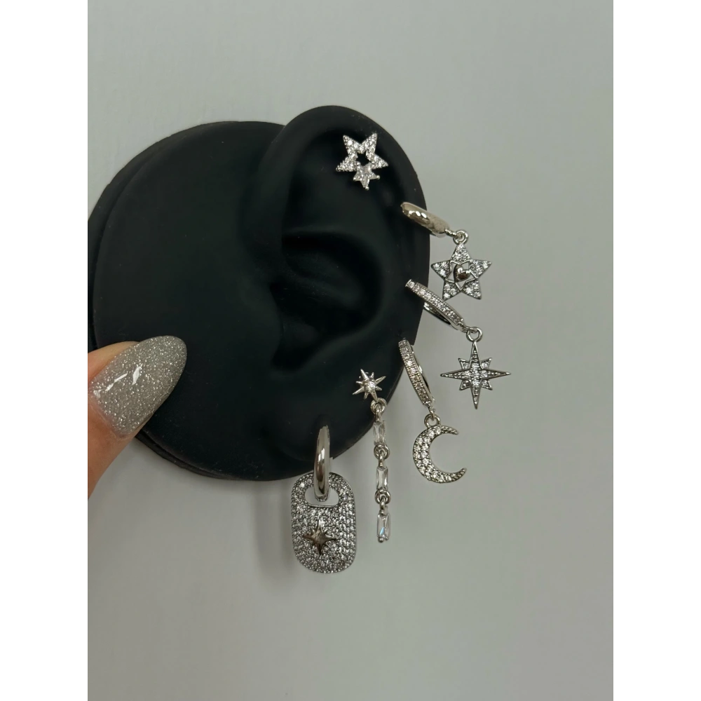 Çelik Silver Hilal Detaylı 6 Lı Küpe Seti