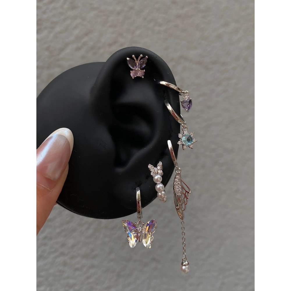 Çelik Silver Hologram Kelebekli 6 Lı Küpe Seti