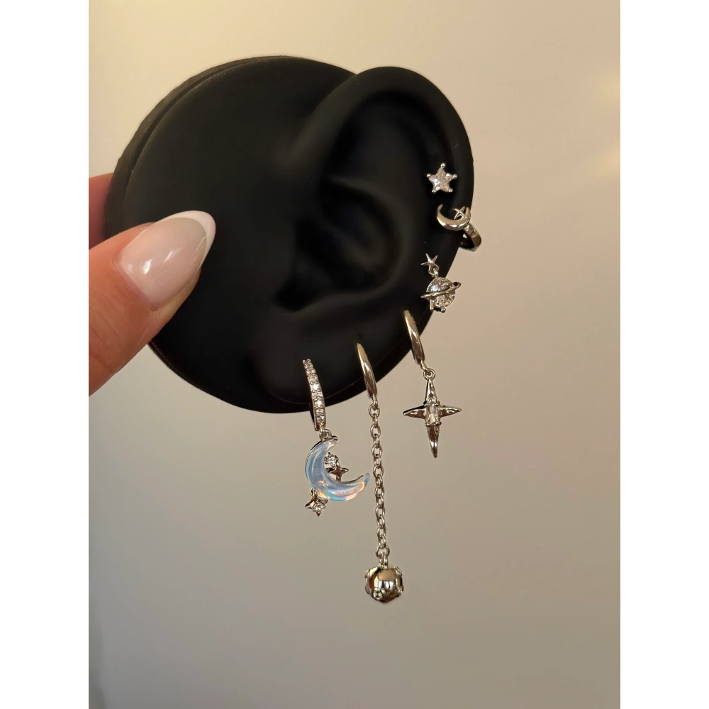 Çelik Silver Hologramlı Hilal Detay 6 Lı Küpe Seti