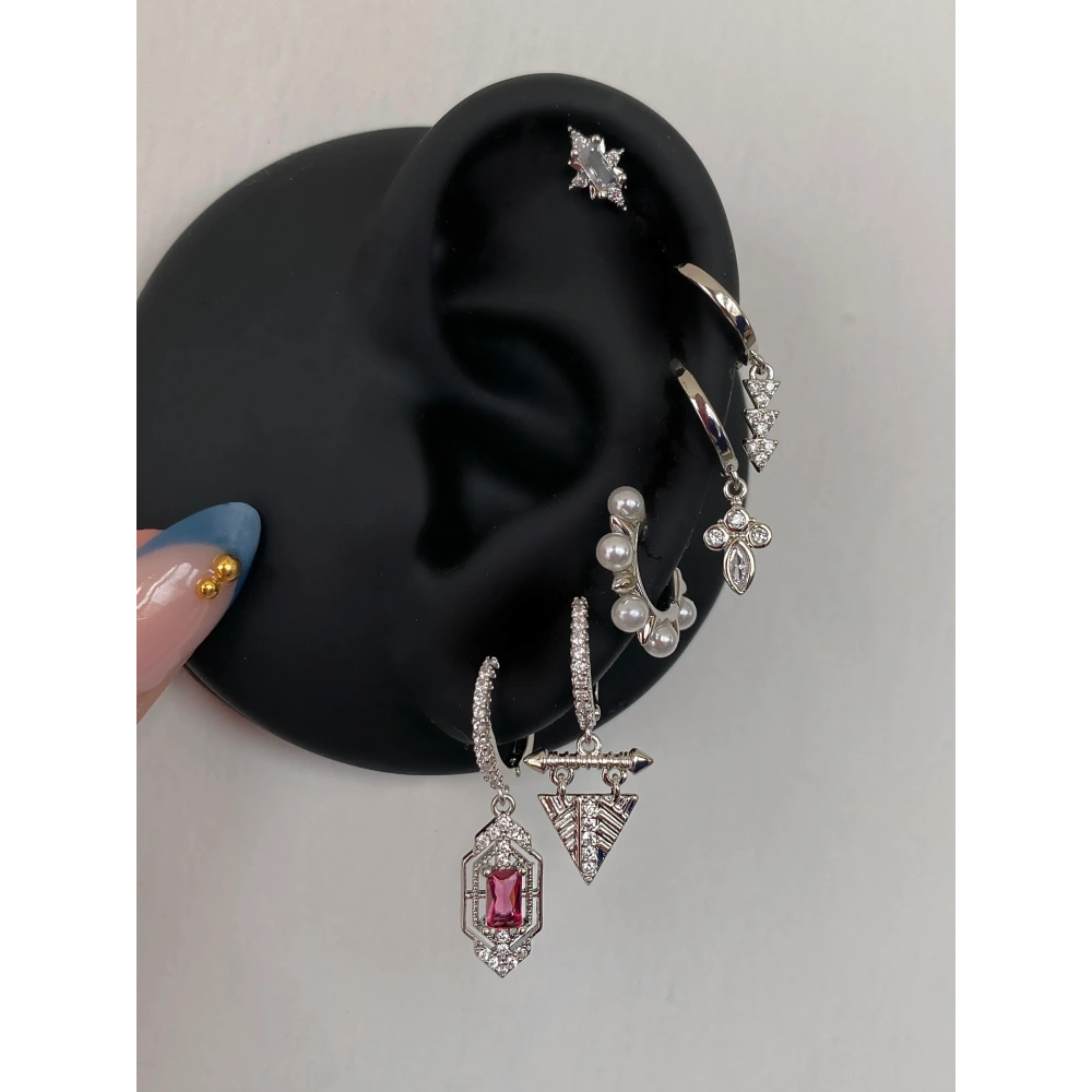 Çelik Silver İnci Detaylı 6 Lı Küpe Seti