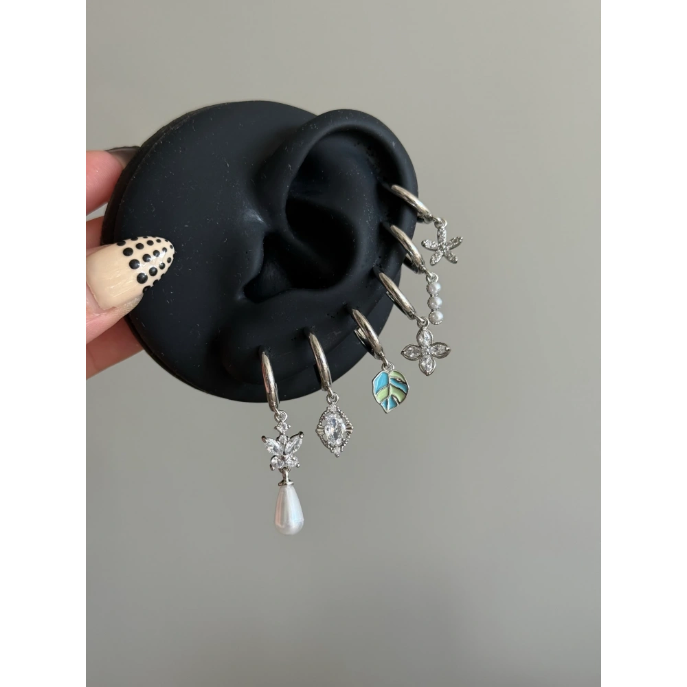 Çelik Silver İncili Kelebekli 6 Lı Küpe Seti