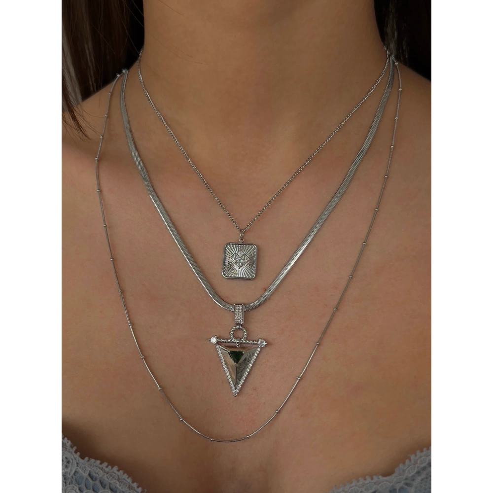 Çelik Silver Kalp Detay Kolye Seti