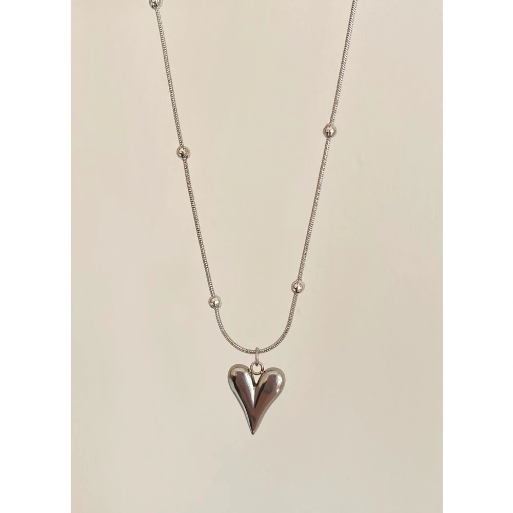 Çelik Silver Kalp Detaylı Kolye