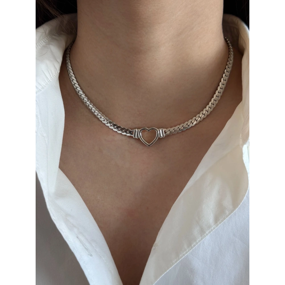 Çelik Silver Kalpli Hasır Zincirli Kolye