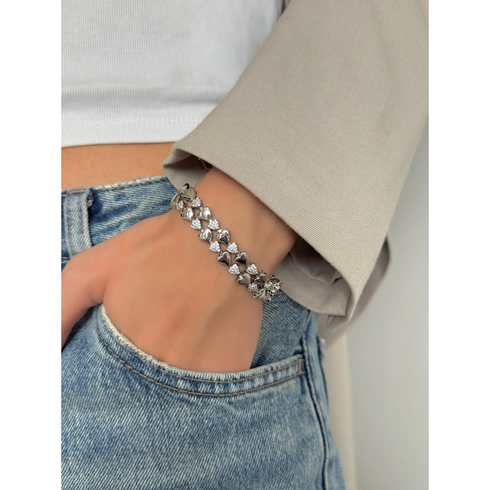 Çelik Silver Kalpli Suyolu Bileklik