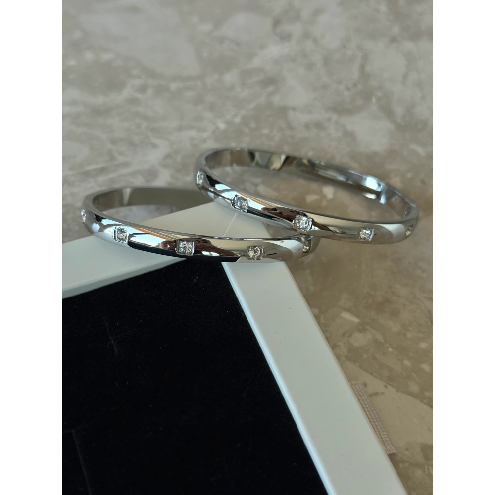 Çelik Silver Kare Taşlı Bileklik