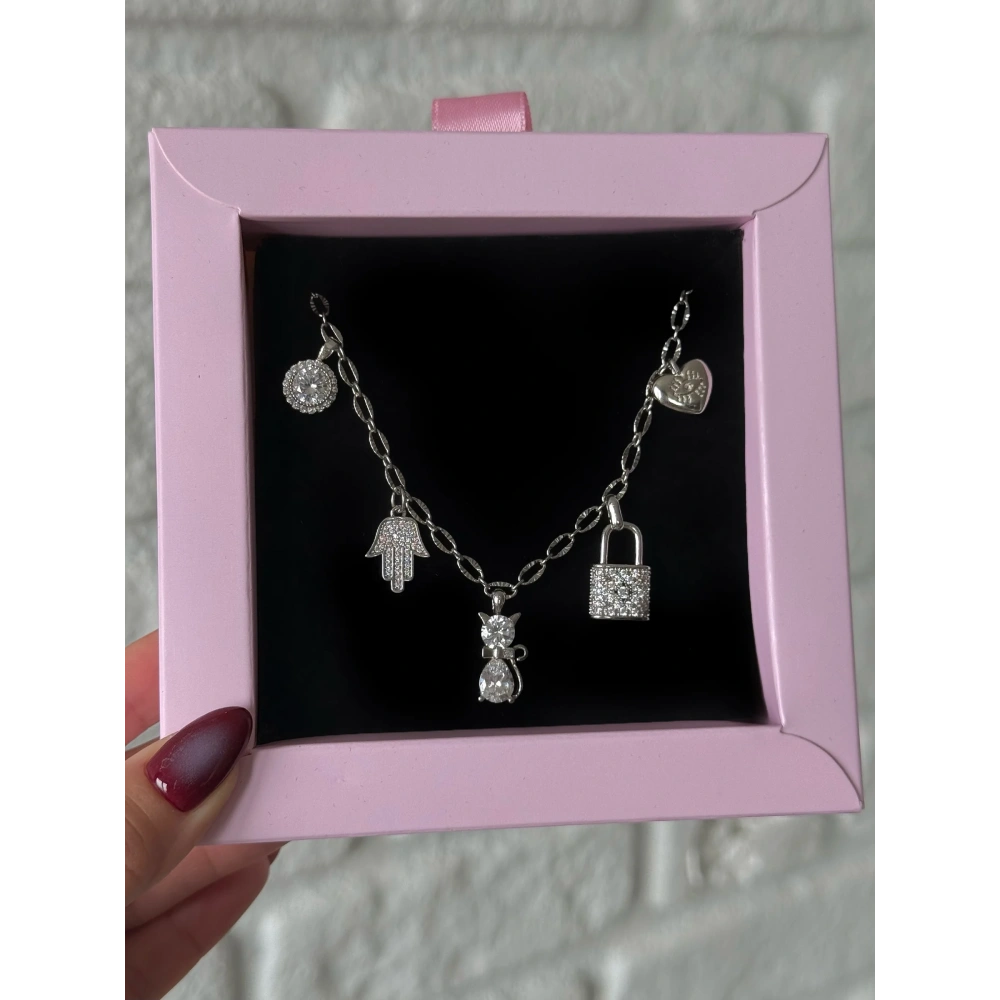 Çelik Silver Kedi Charmlı Kolye