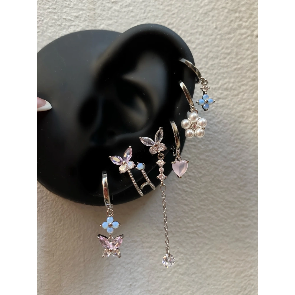 Çelik Silver Kelebek Detaylı 6 Lı Küpe Seti