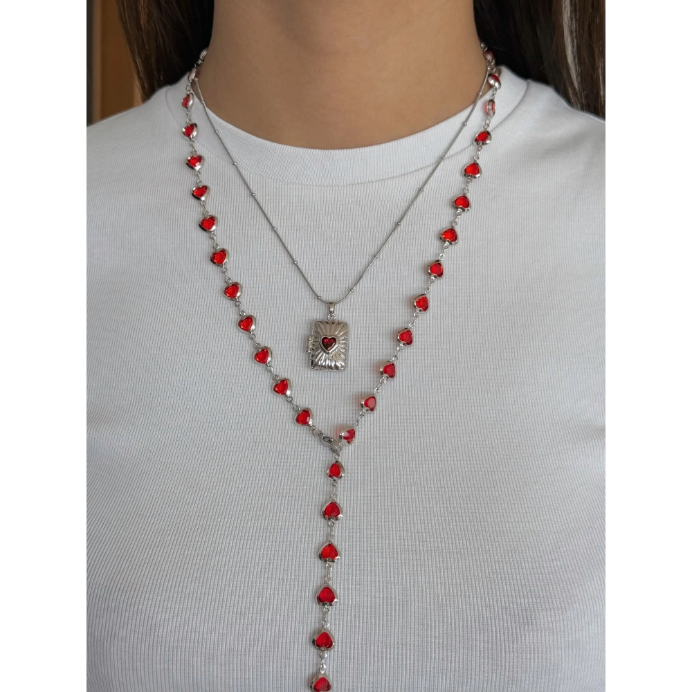 Çelik Silver Kırmızı Kalpli Y Kolye