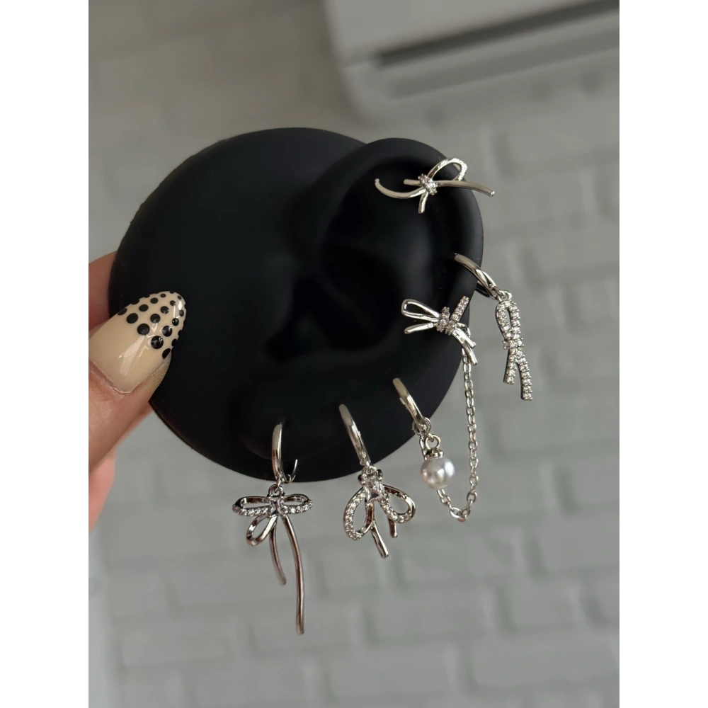 Çelik Silver Kurdela 6 Lı Küpe Seti