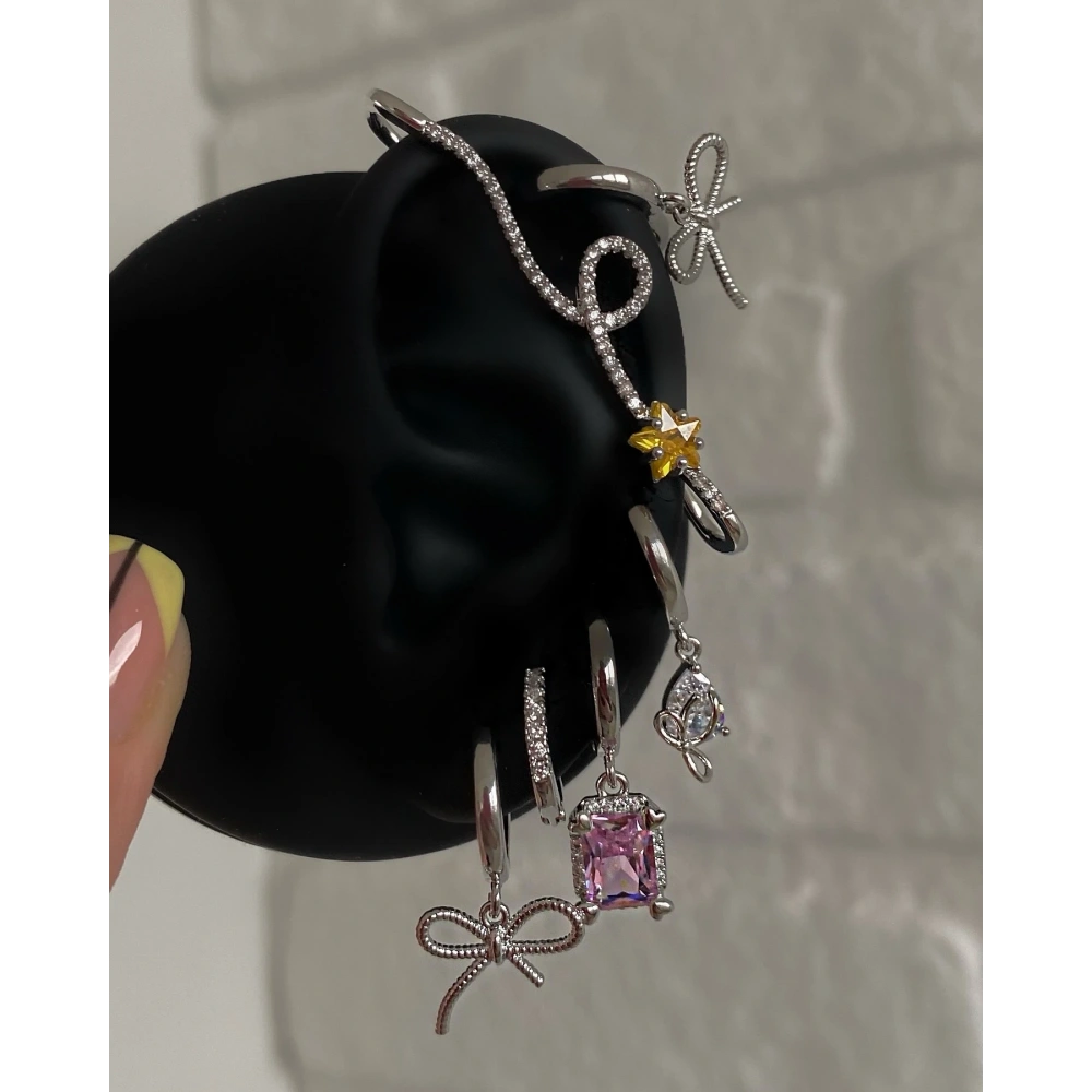 Çelik Silver Kurdela Detay 6 Lı Küpe Seti