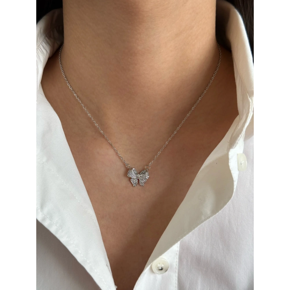 Çelik Silver Kurdela Detay Kolye