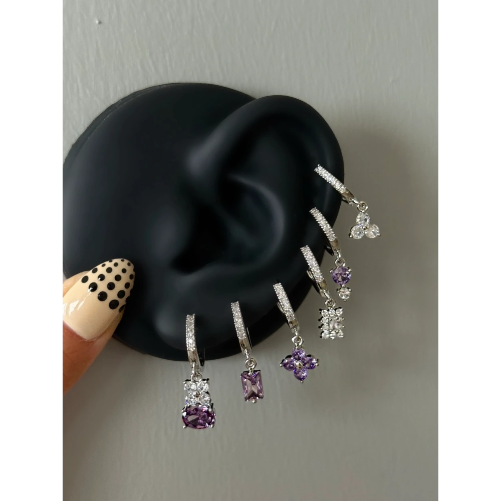 Çelik Silver Lila 6 Lı Küpe Seti