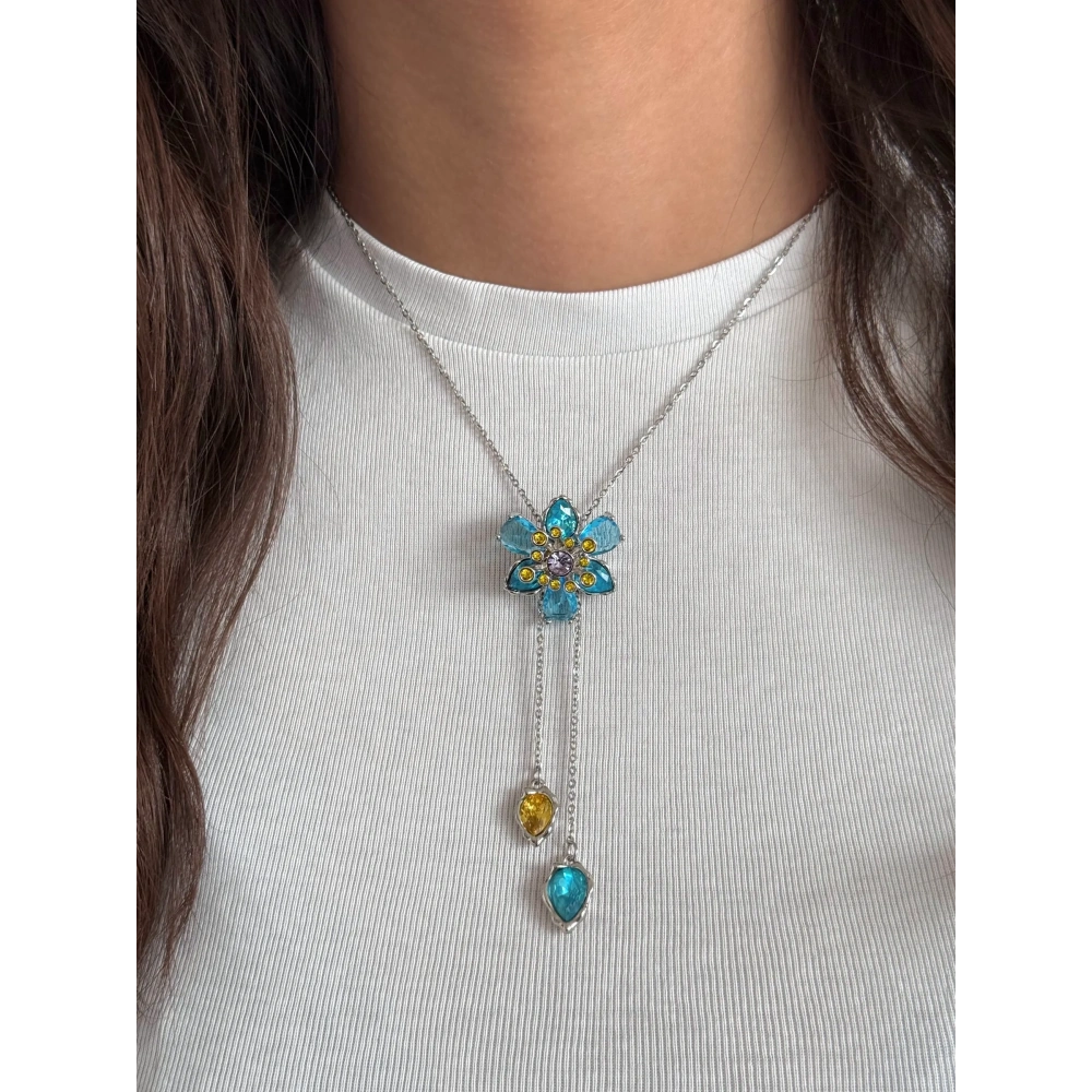 Çelik Silver Mavi Çiçek Kolye