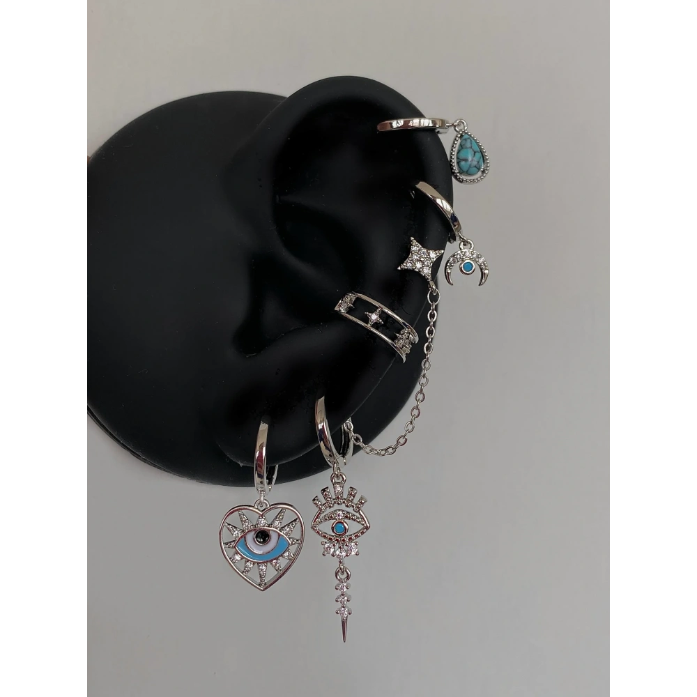 Çelik Silver Mavi Göz Detaylı 6 Lı Küpe Seti