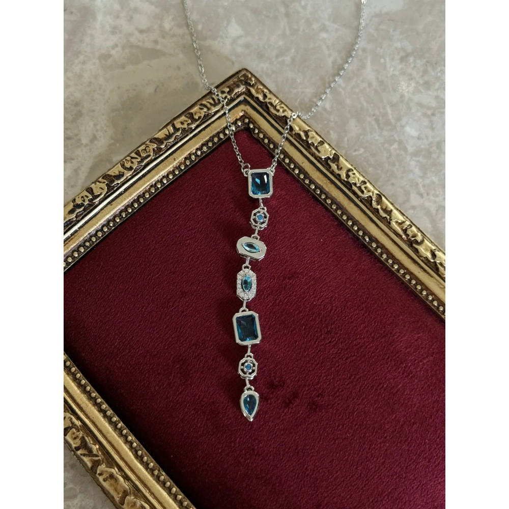 Çelik Silver Mavi Taşlı Y Kolye