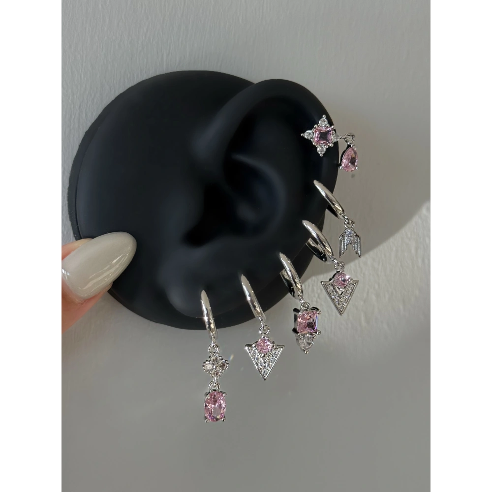 Çelik Pembe Üçgen Detay 6 Lı Küpe Seti
