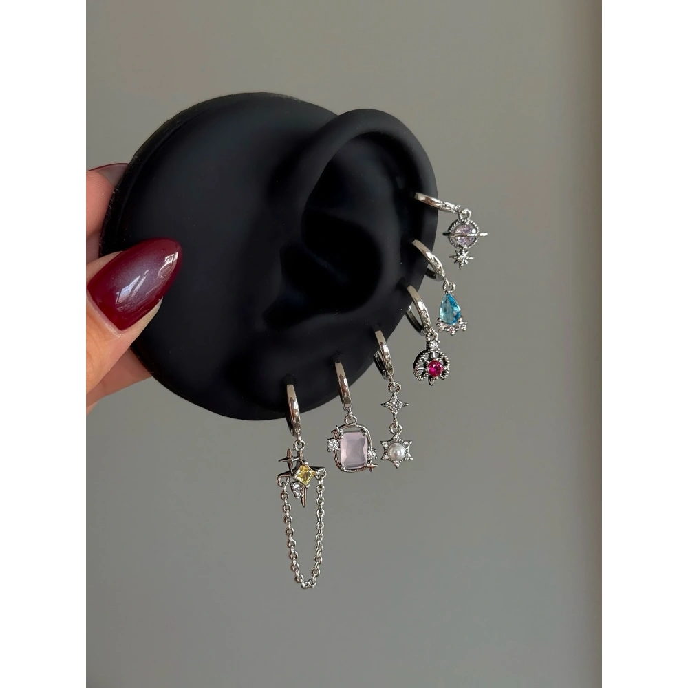 Çelik Silver Pembe Baget Taşlı 6 Lı Küpe Seti