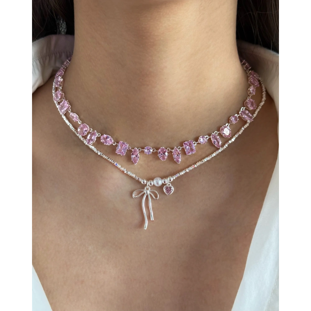 Çelik Silver Pembe Baget Taşlı Choker