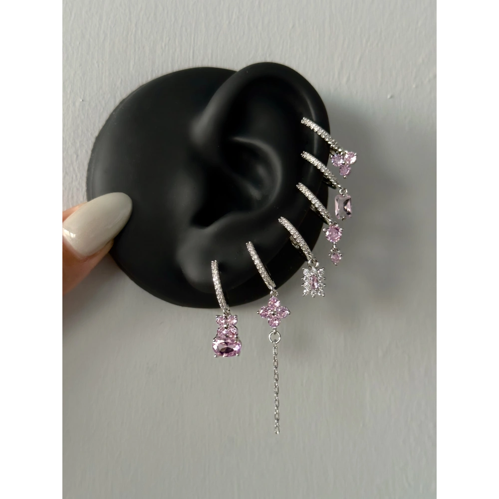 Çelik Silver Pembe Çiçek Detay 6 Lı Küpe Seti