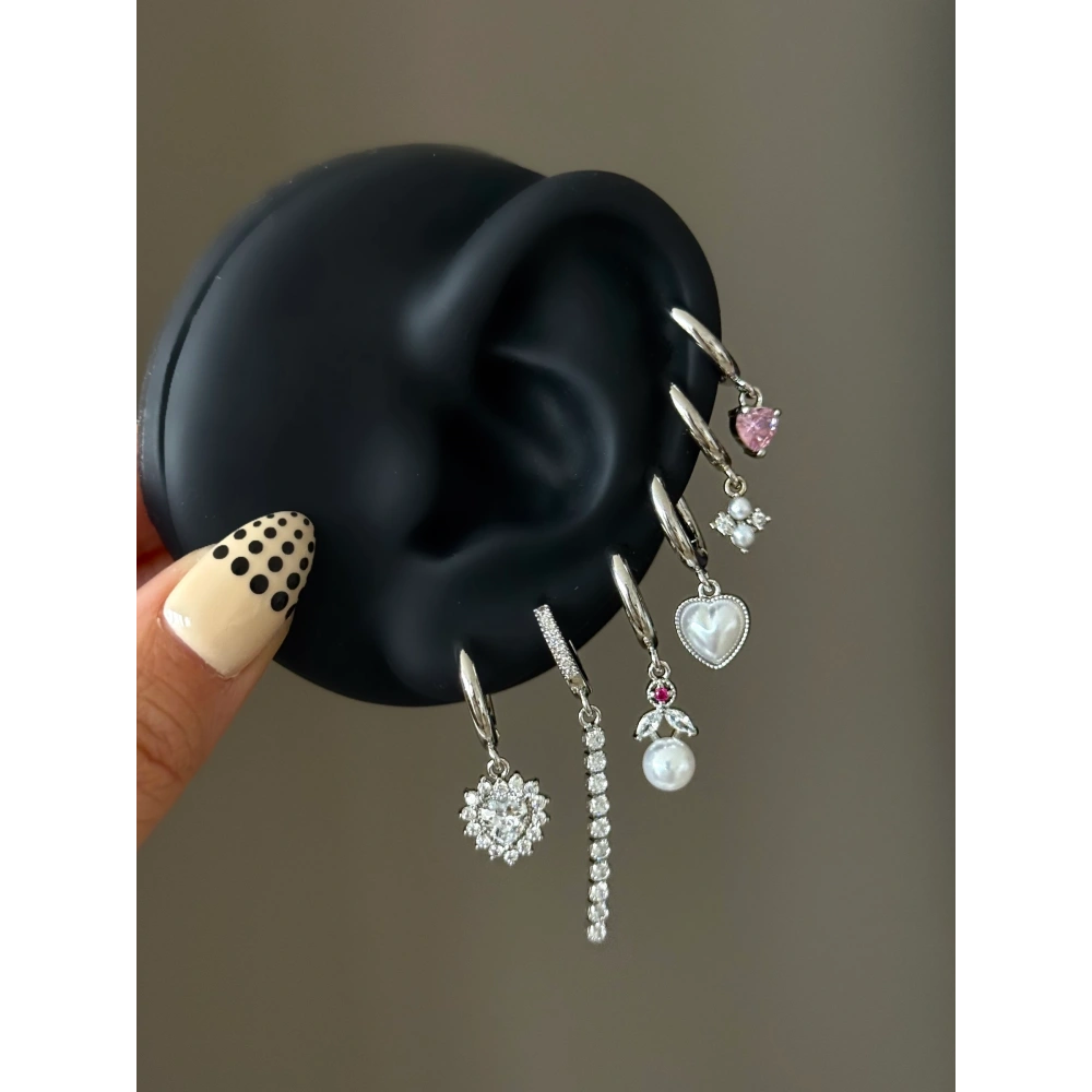 Çelik Silver Pembe İnci Detay 6 Lı Küpe Seti