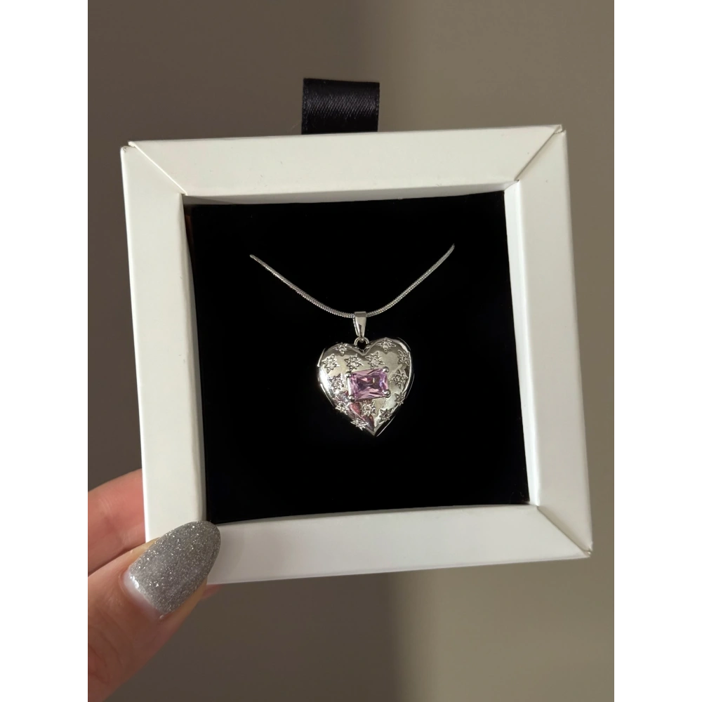 Çelik Silver Pembe Kalpli Kapaklı Kolye