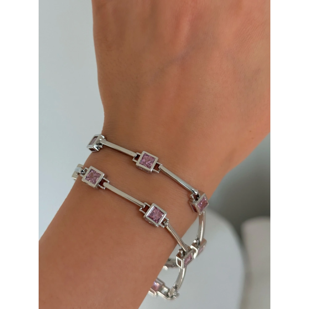 Çelik Silver Pembe Kare Taşlı Bileklik