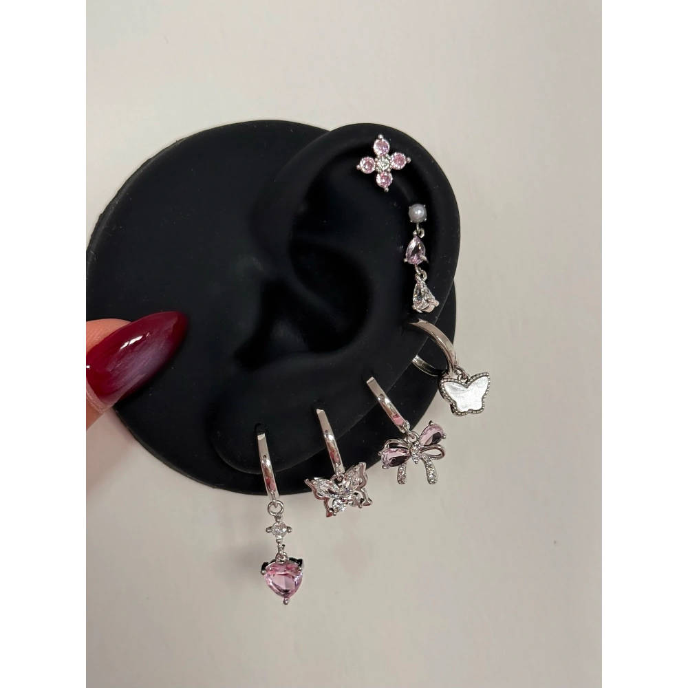 Çelik Silver Pembe Kelebek Detaylı 6 Lı Küpe Seti