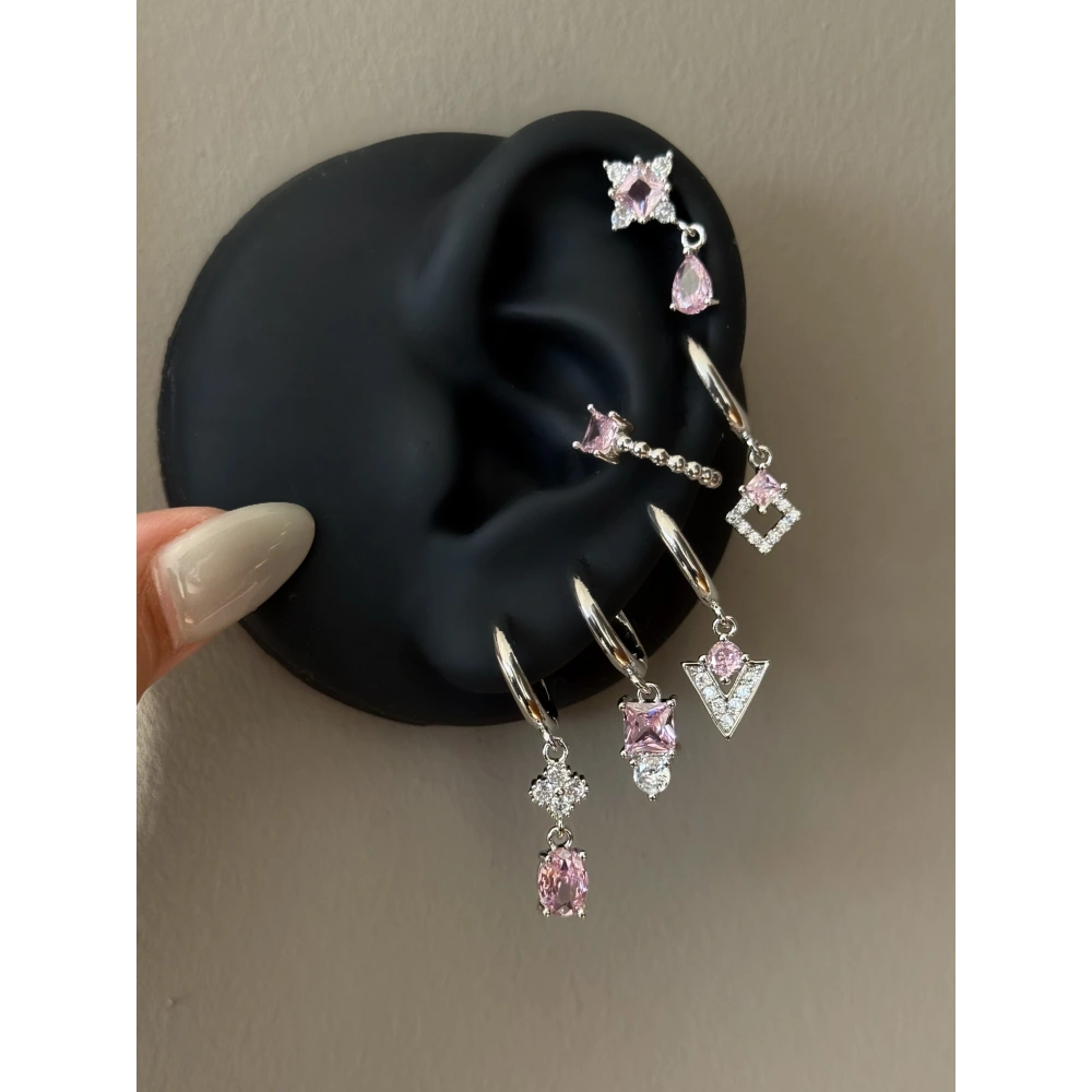 Çelik Silver Pembe Taşlı 6 Lı Küpe Seti