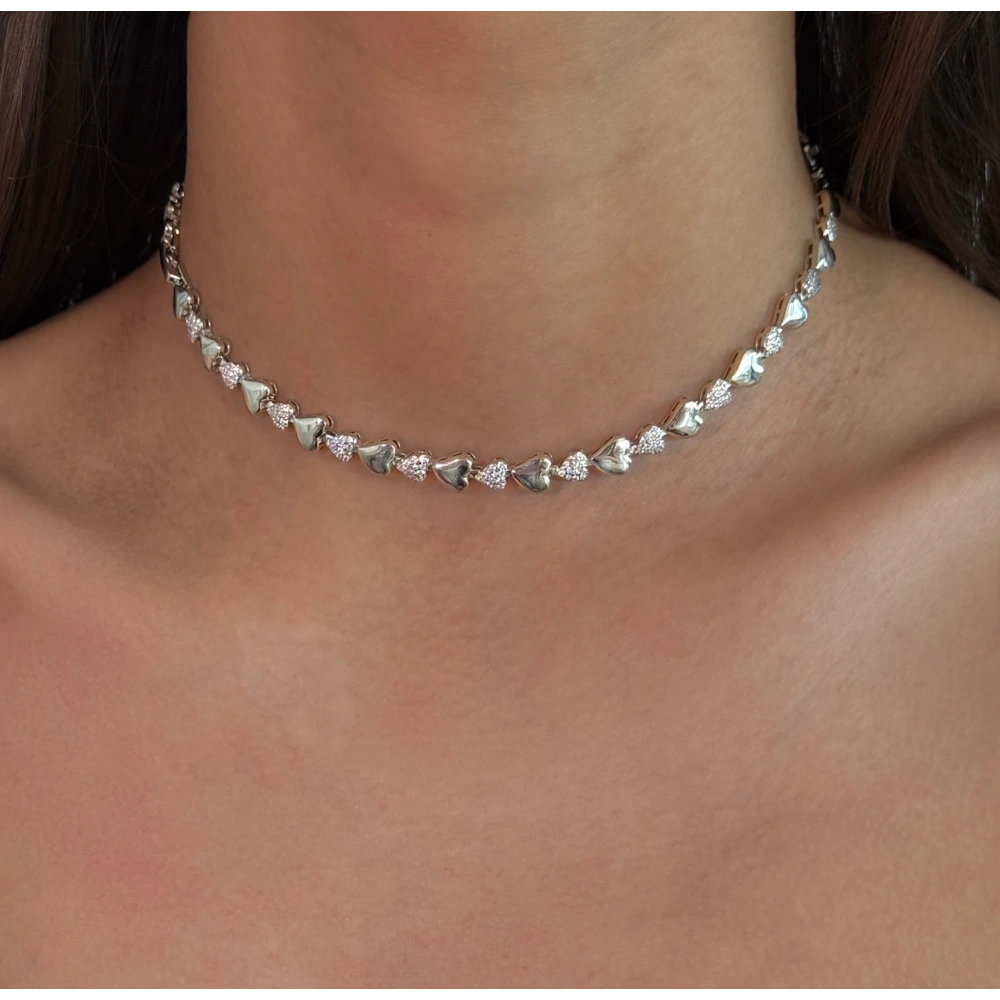 Çelik Silver Pofuduk Kalpli Choker