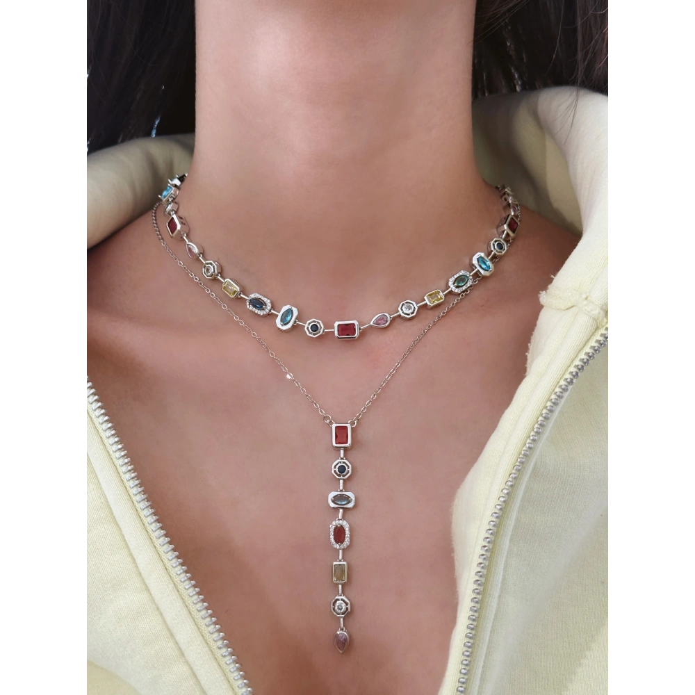 Çelik Silver Renkli Baget Taşlı Kolye