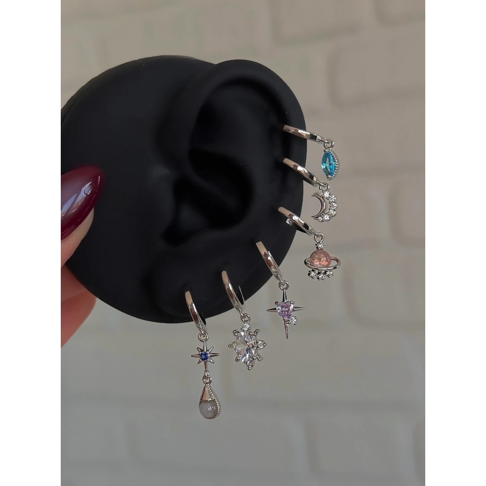 Çelik Silver Renkli Minimal 6 Lı Küpe Seti