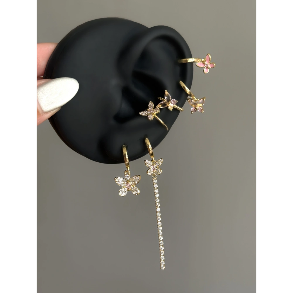 Çelik Kelebekli Çift Earcufflı 6 Lı Küpe Seti